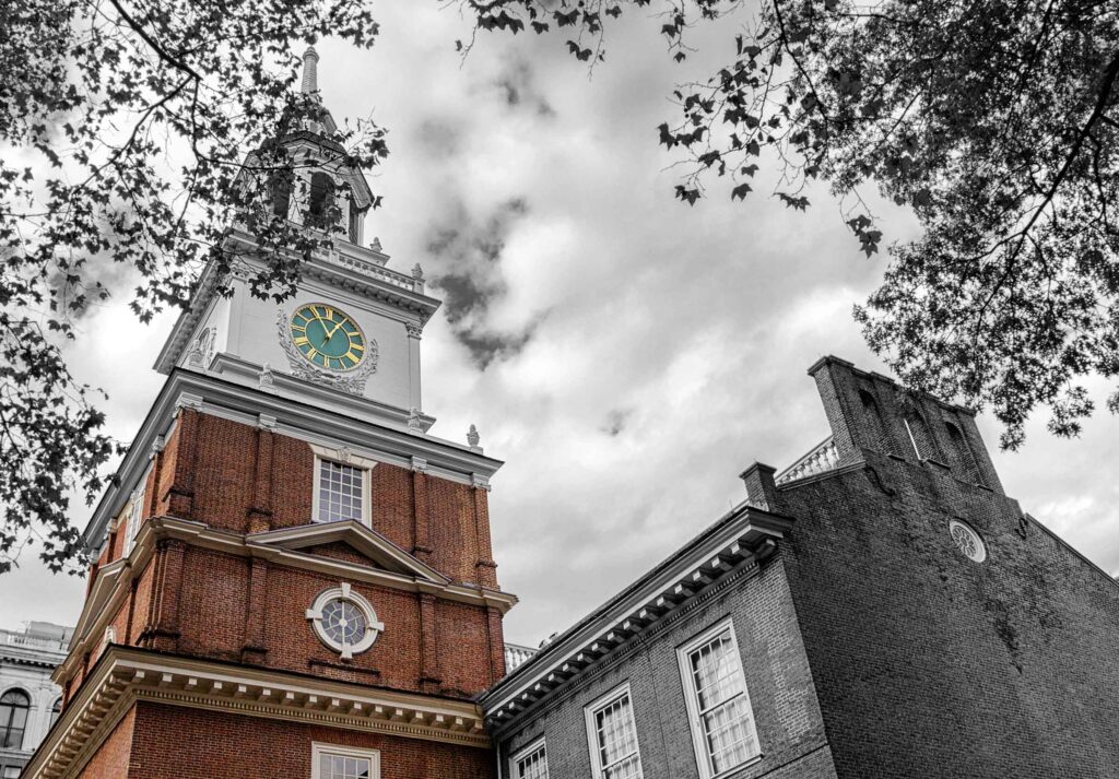 Independence hall yard view in fall, Philadelphia, USA